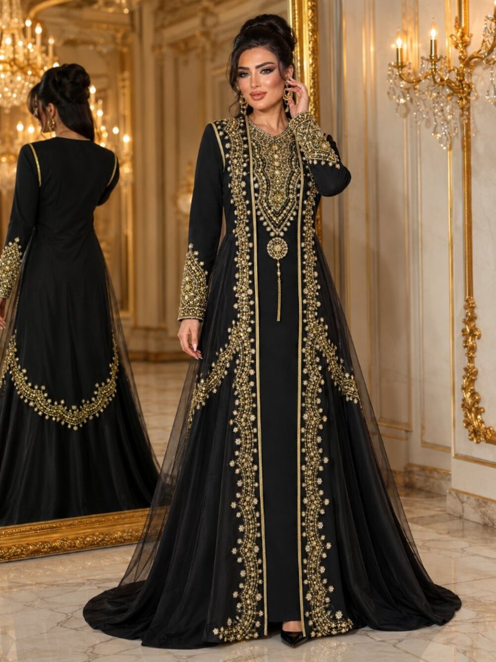 Luxury Black Gold Kaftan Dress, Crystal Embellished Evening Gown, Modest Formal
